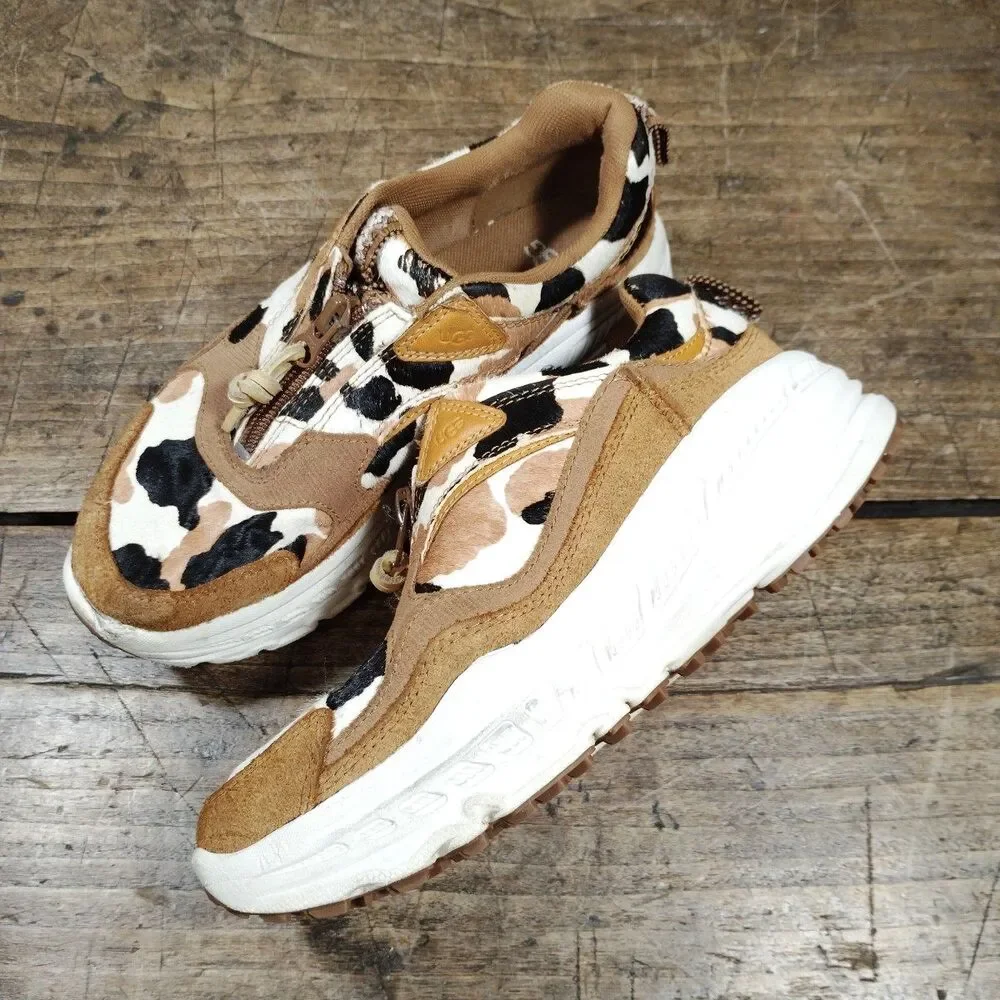 Ugg Sneakers 7.5 Cow Print 1120717 Brown Black Cream Zip Shoes Suede Platform